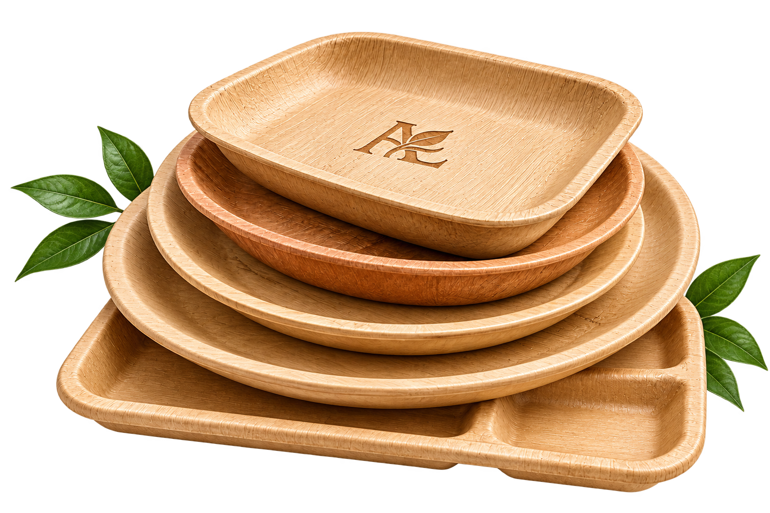 Areca palm tableware stacked on a light background